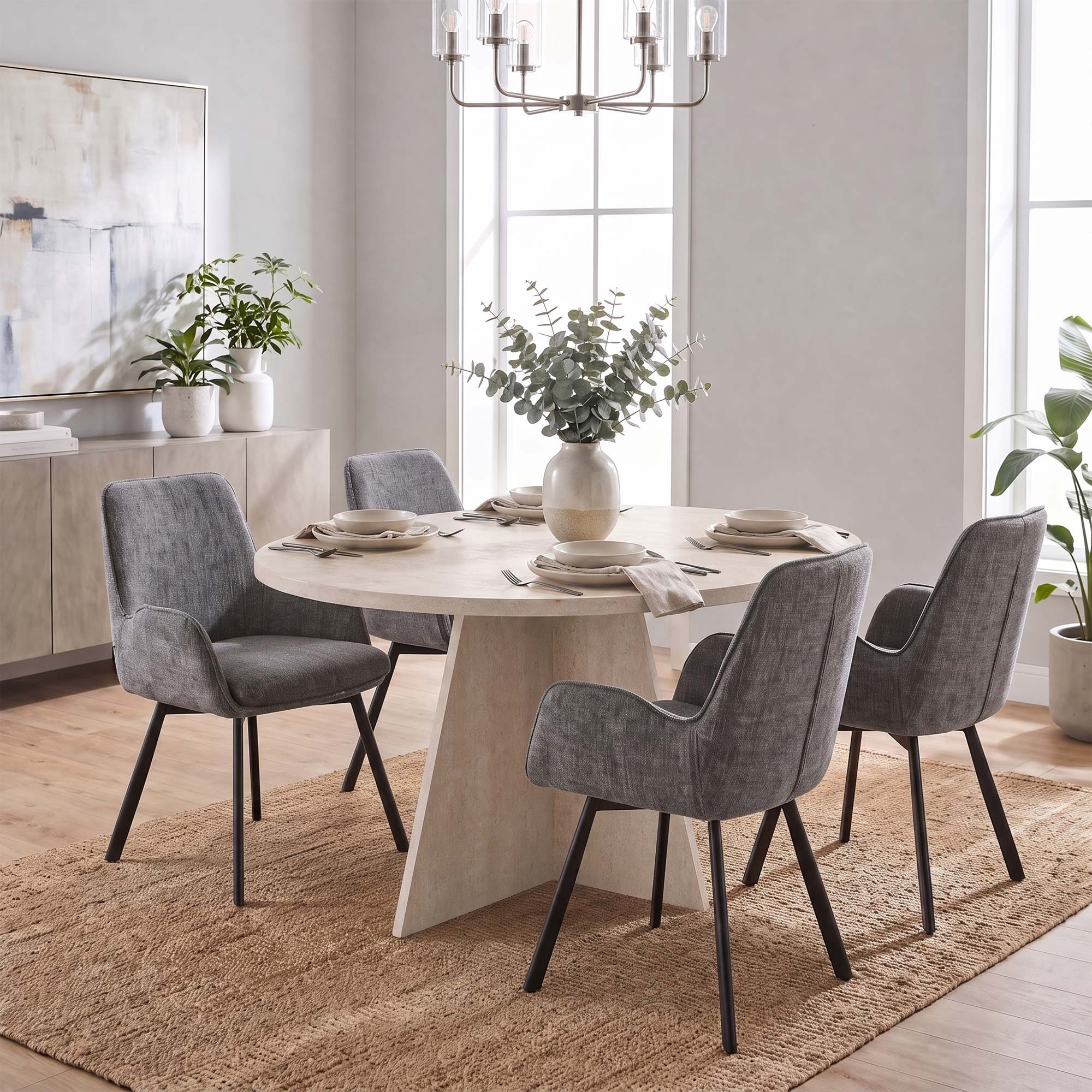 Erin 120cm Round Travertine Dining Table & 4 Amelia Grey Dining Chairs