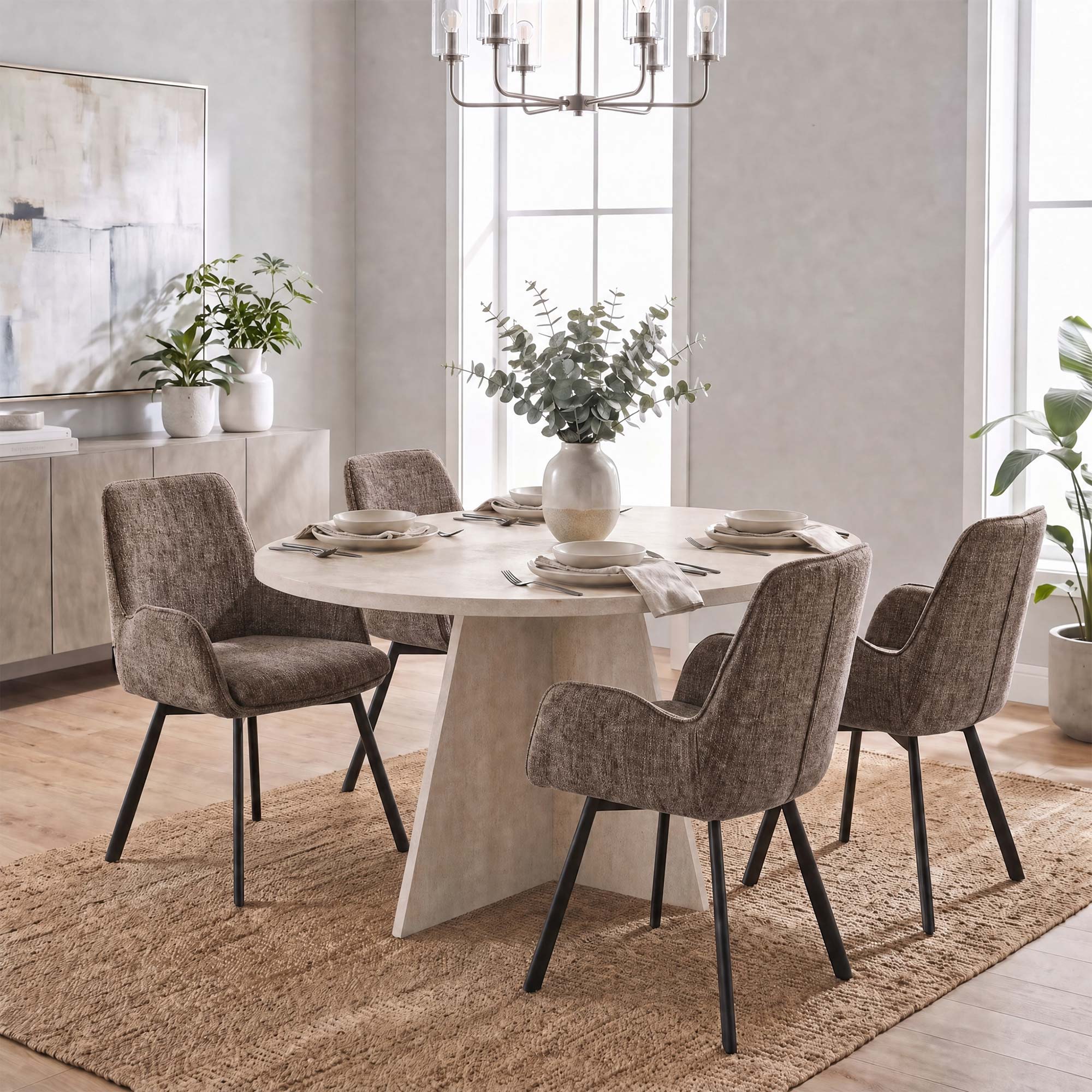 Erin 120cm Round Travertine Dining Table & 4 Amelia Brown Dining Chairs